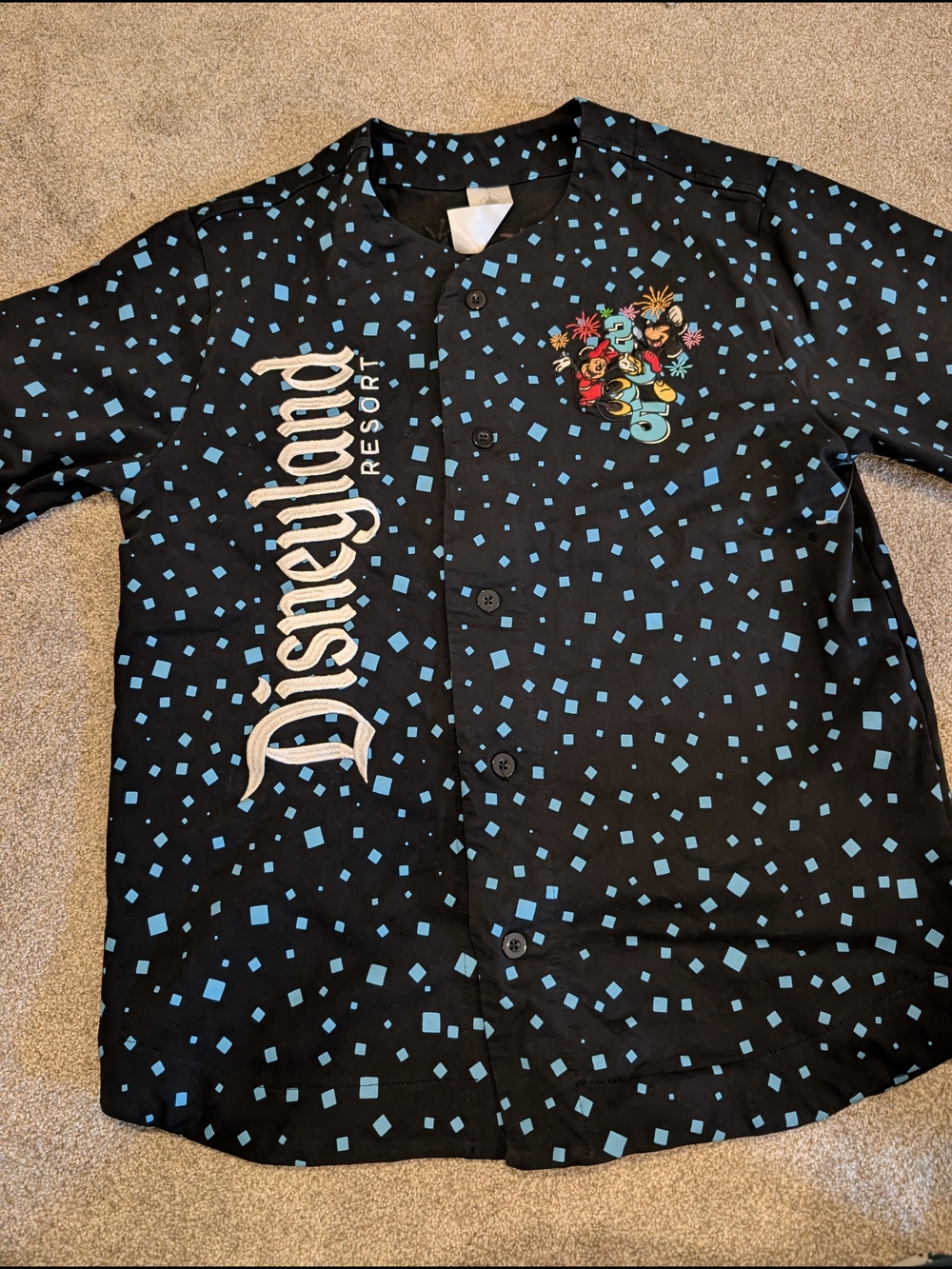 Disney Black Button-Up Resort Shirt with Blue Square Print MEDIUM